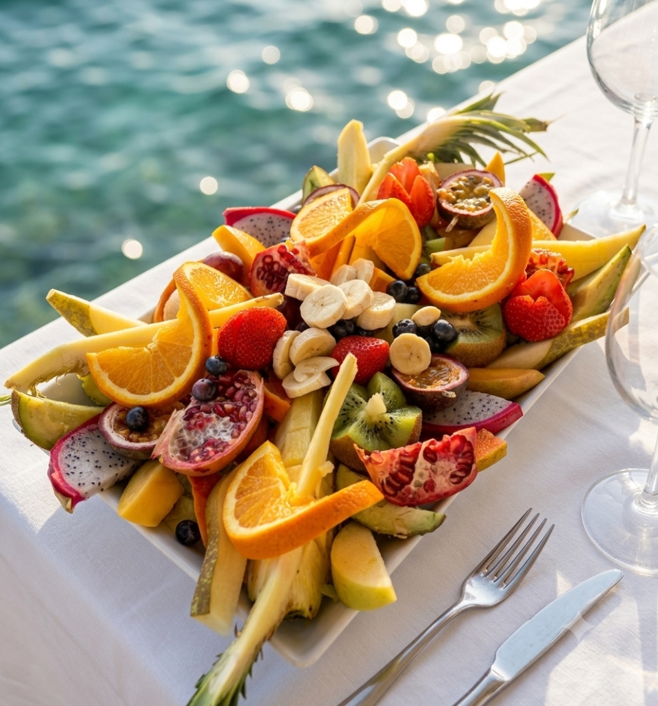 Ensalada Tropical premium servida en Casa Emilio junto al mar